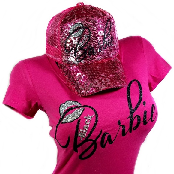 Hot Pink Black Barbie fitted Spandex Tee. - Picture 3 of 4